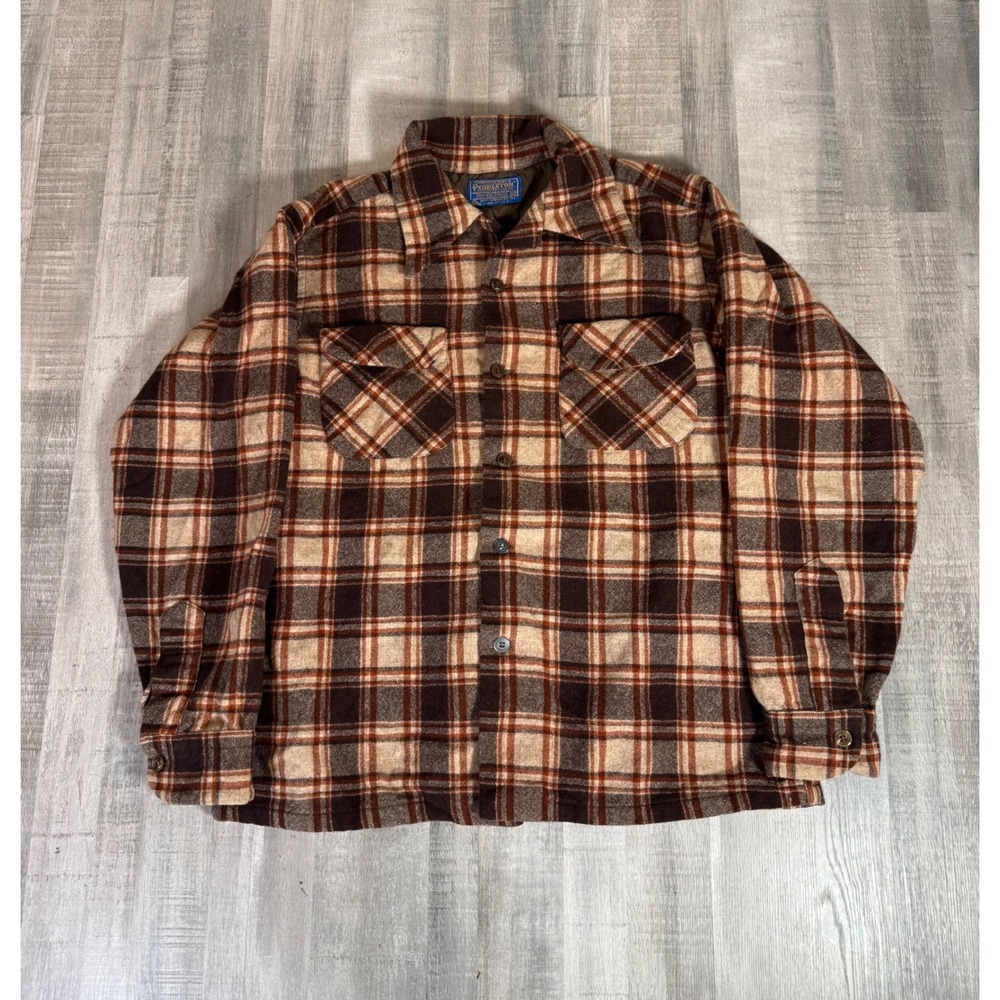 Vintage Pendleton Board Shirt Brown Plaid Virgin Wool Button Up Mens Medium